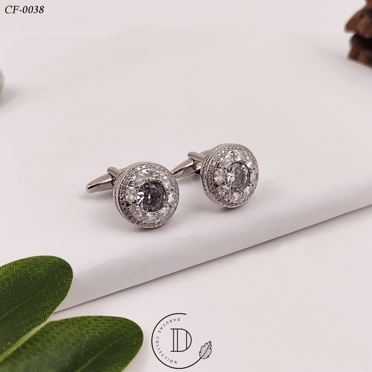 Silver & White Zircon Stone Round Cufflink