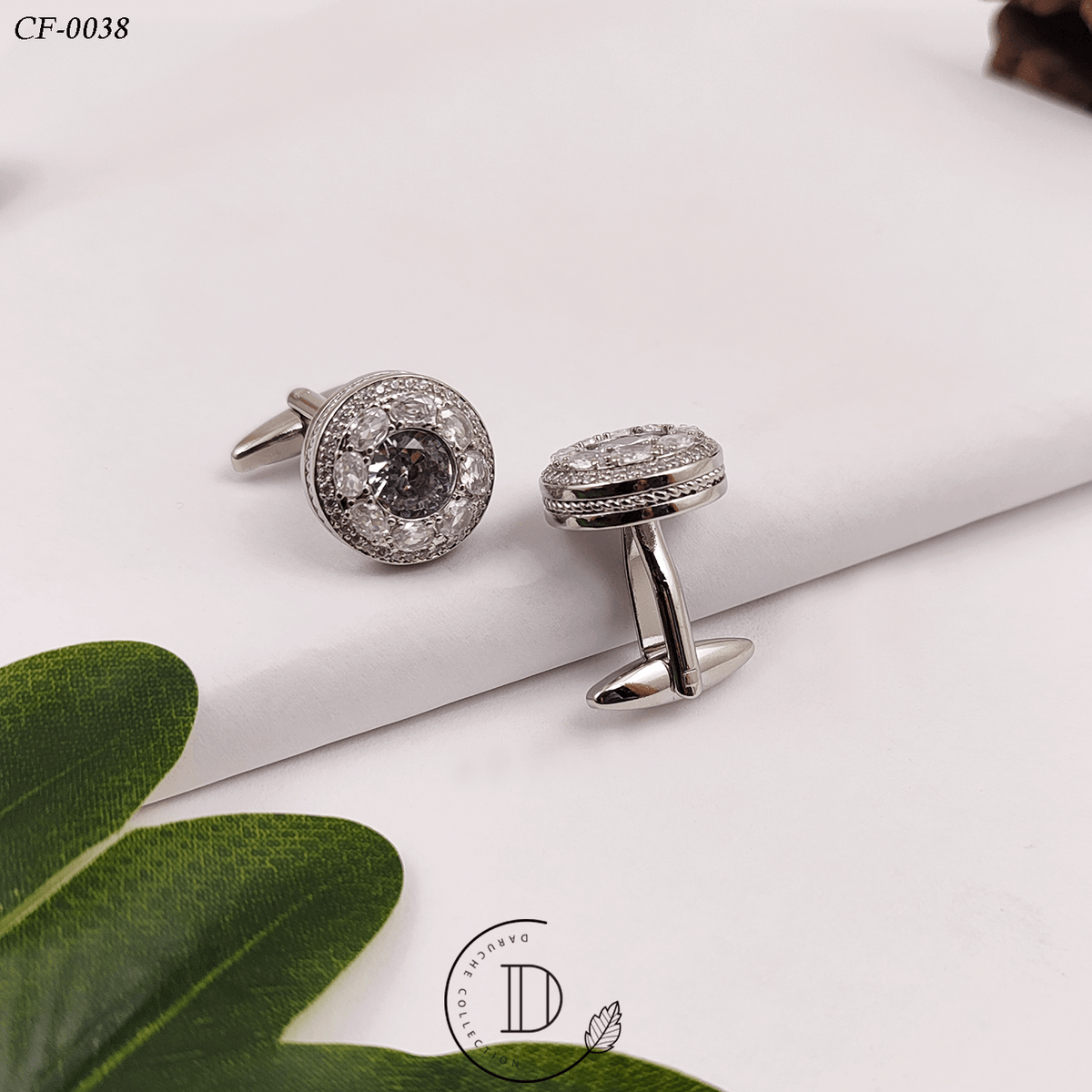 Silver & White Zircon Stone Round Cufflink