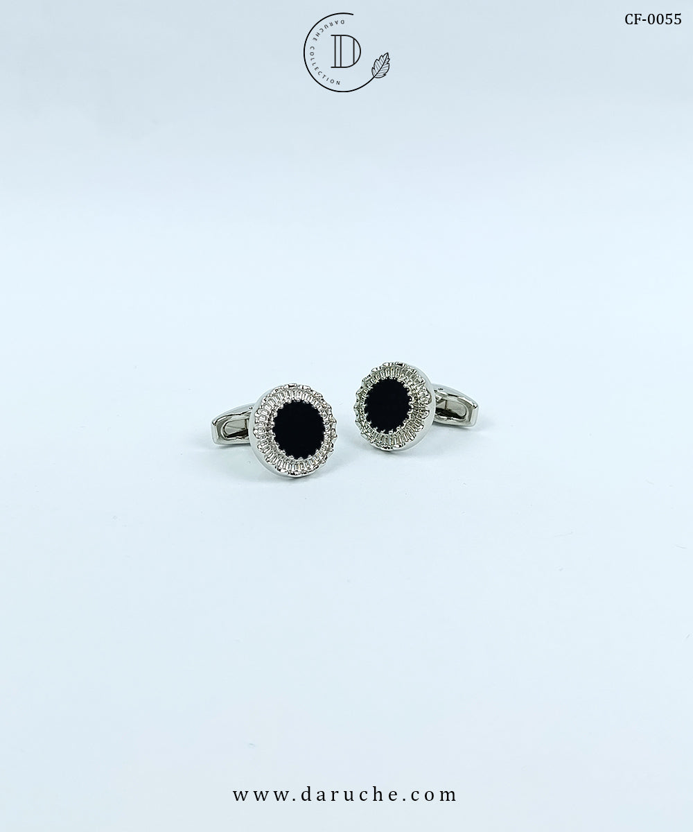Silver & Black Textured Round Cufflinks