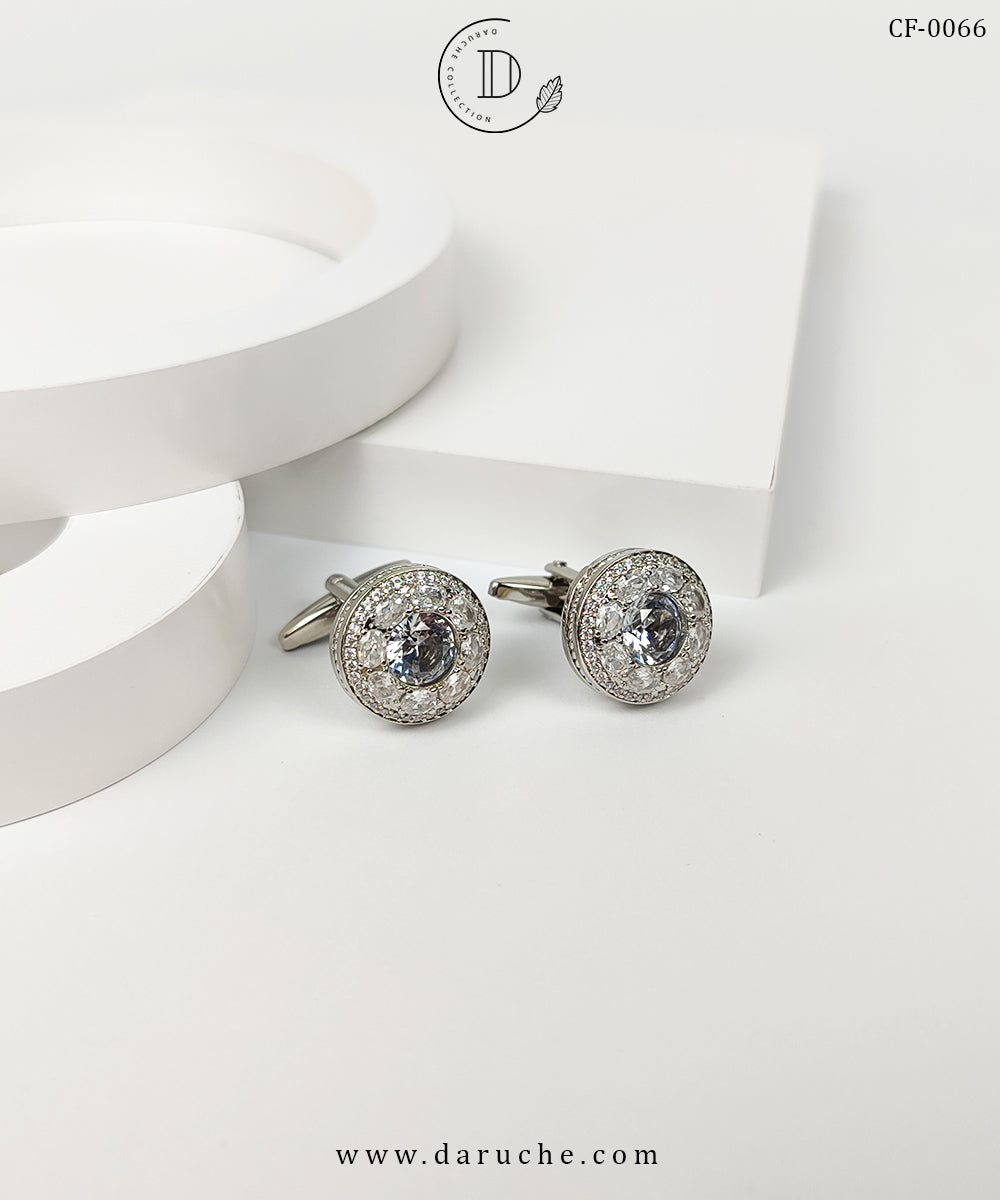 Round Silver Zircon Stone Cufflinks