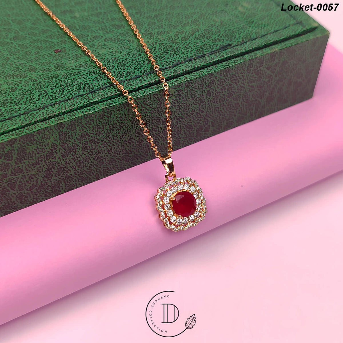 Elegant Gold Plated White & Maroon Zircon Stone Locket