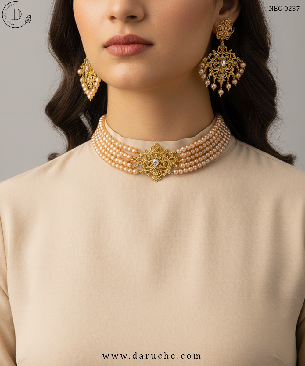 Gold Plated Zircon Stones & Champagne Pearls Necklace Set