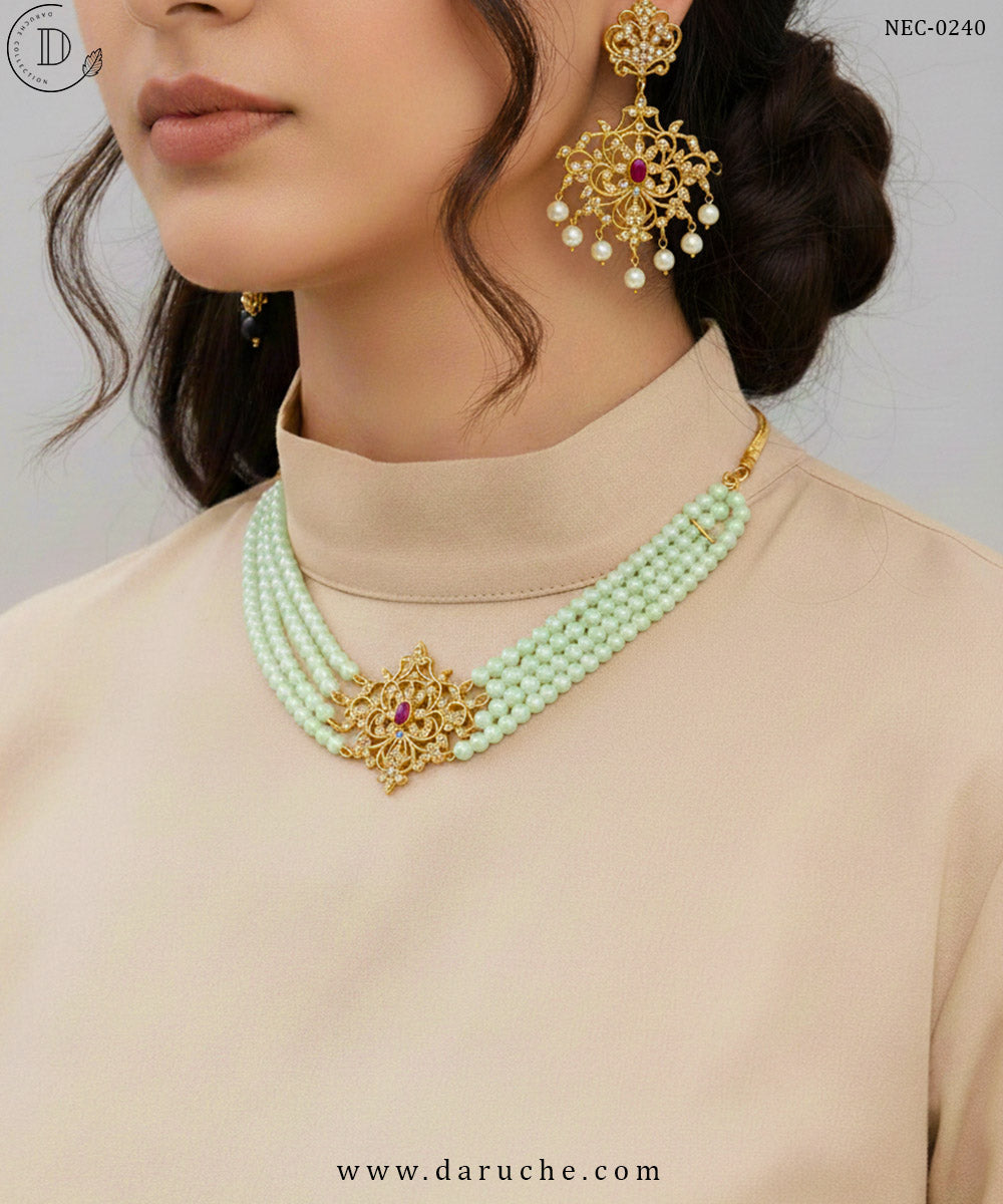 Gold Plated Zircon Stones & Mint Green Pearls Necklace Set