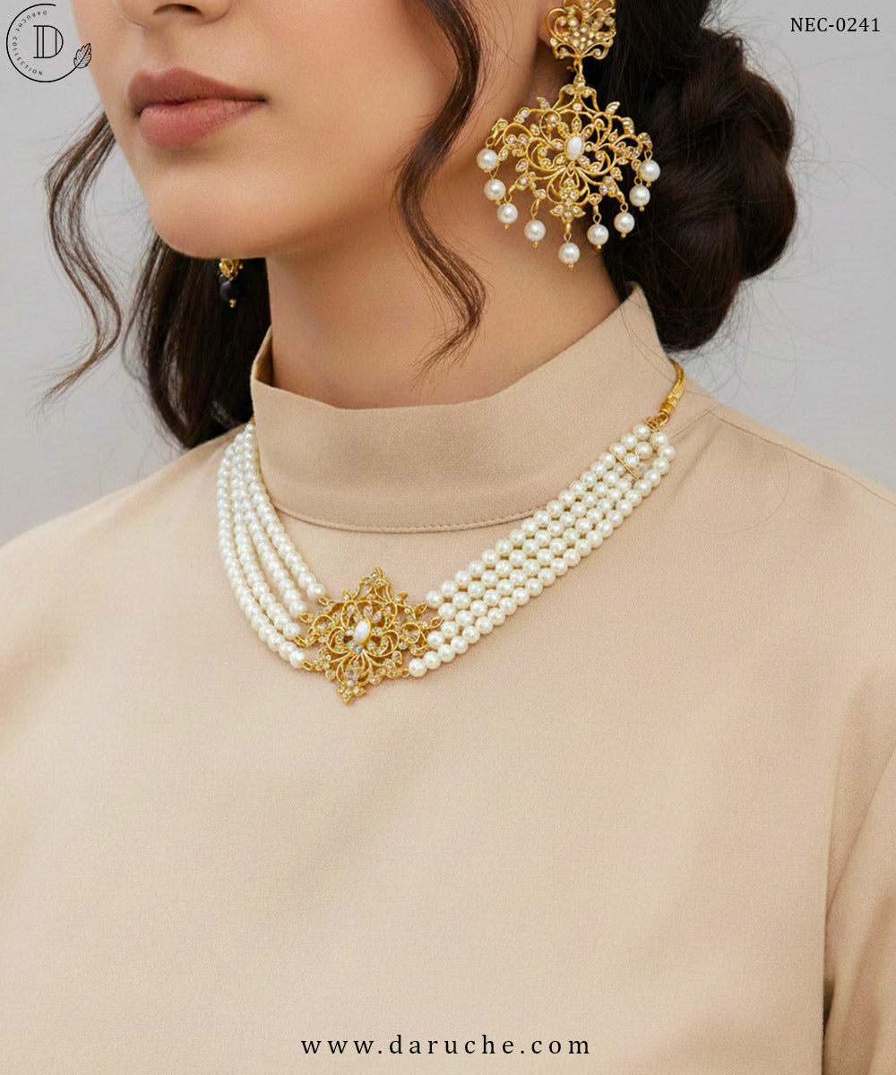 Gold Plated Zircon Stones & White Pearls Necklace Set