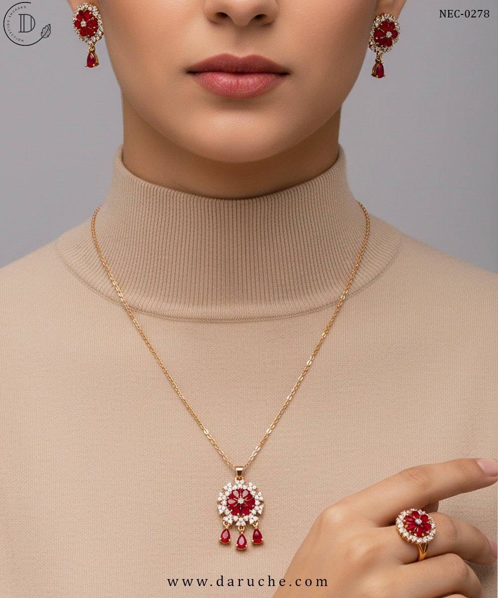 Gold Plated Maroon & White Zircon Stone Necklace Set