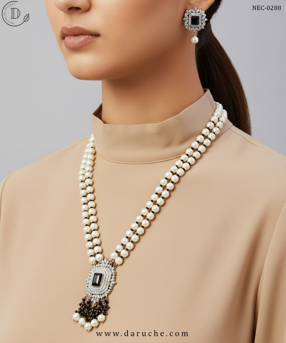 Gold Plated Black & White Zircon Stone Necklace Set