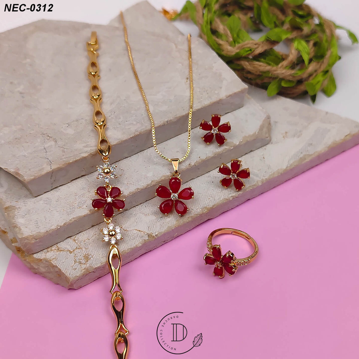 Elegant Gold Plated Zircon Stone Flower Necklace Set