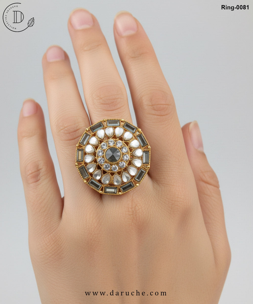 Golden Floral Kundan Mirror Adjustable Ring