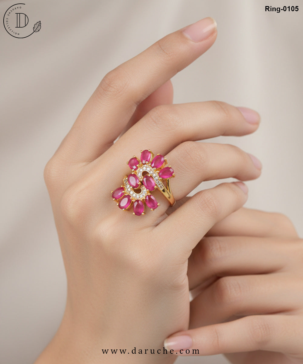 Floral Pink Stones Adjustable Ring