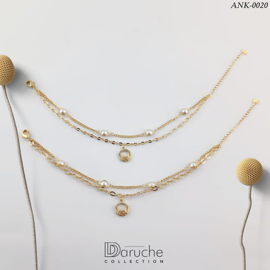 Gold Plated Double Chain With White Pearl Anklet
