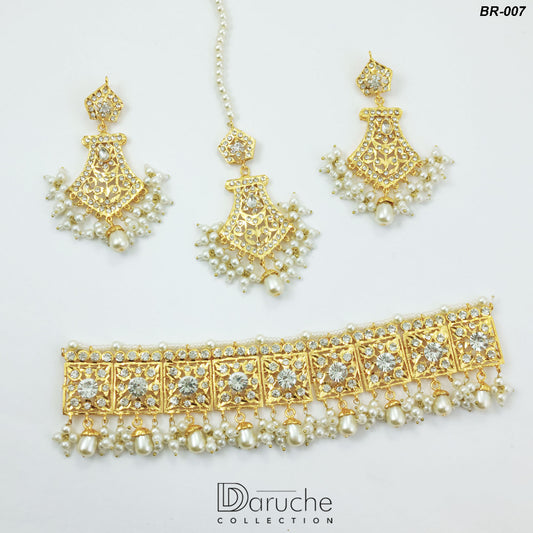 Gold Plated White Zircon & Pearl Bridal Set