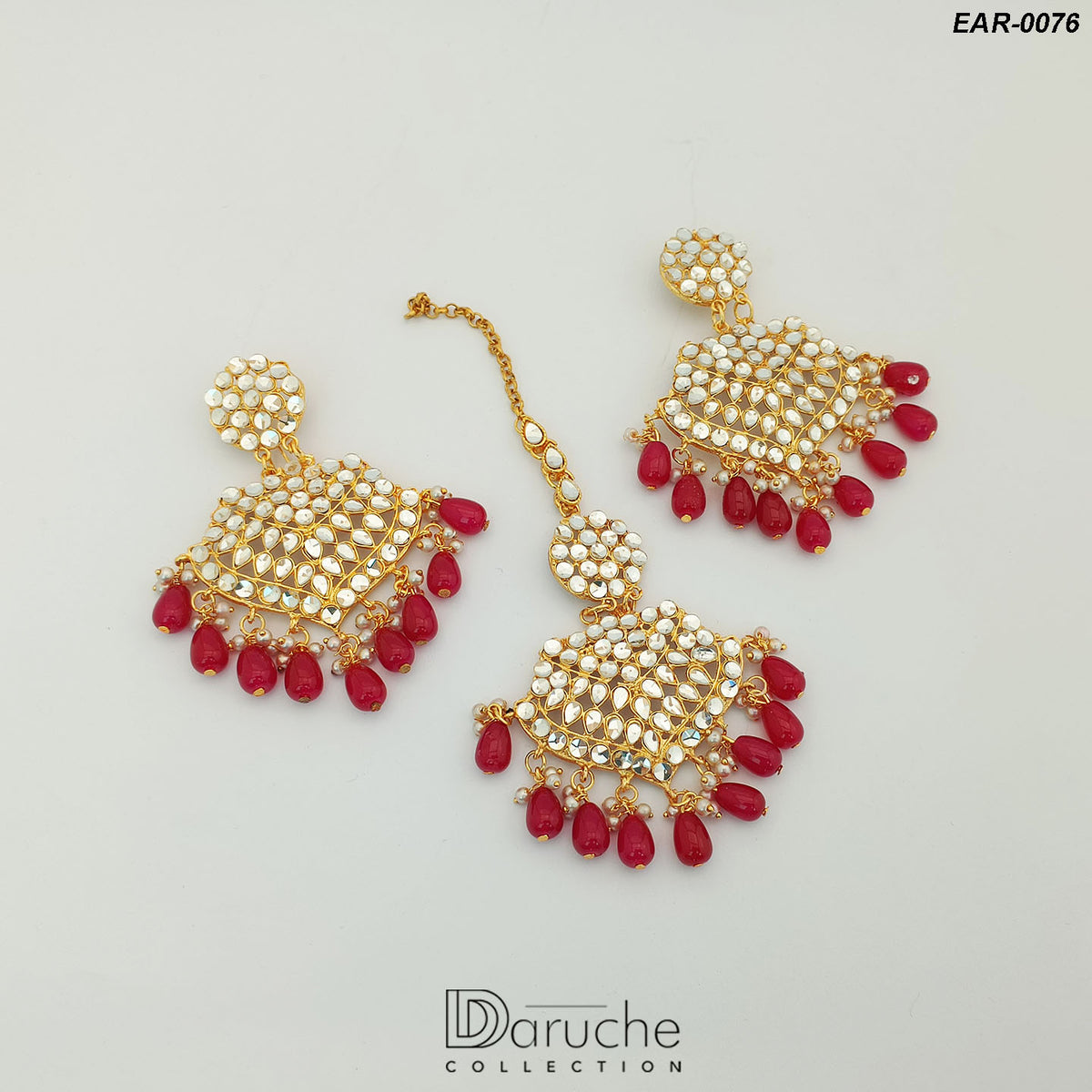 Gold Plated Kundan Earrings & Tikka