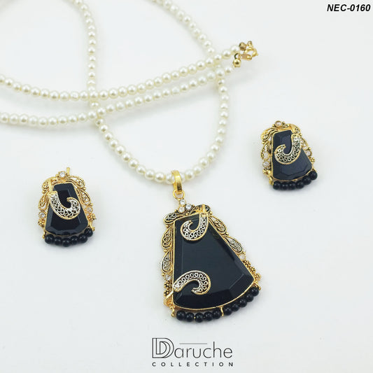 Gold Plated Long Pearl Mala Black Gemstone Necklace Set