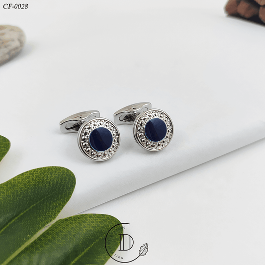 Silver & Navy Round Textured Cufflink