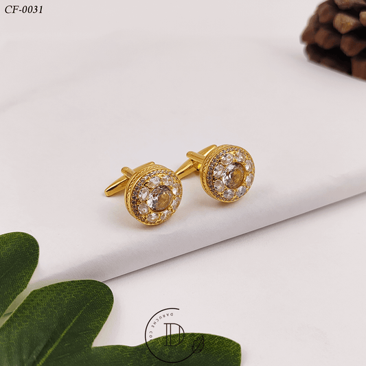 Golden & White Zircon Stone Round Cufflink