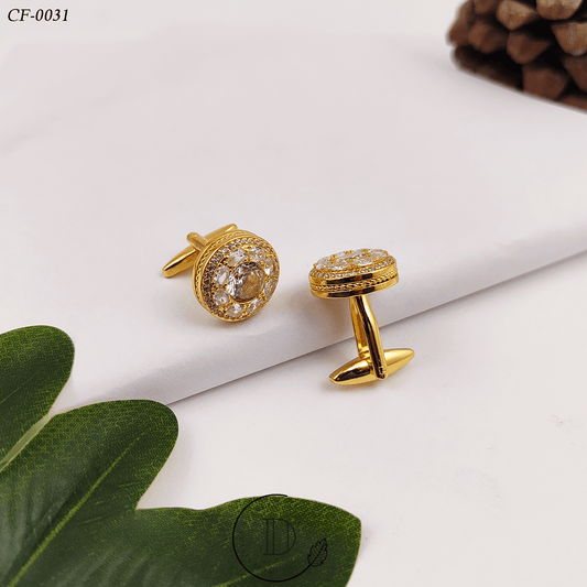 Golden & White Zircon Stone Round Cufflink