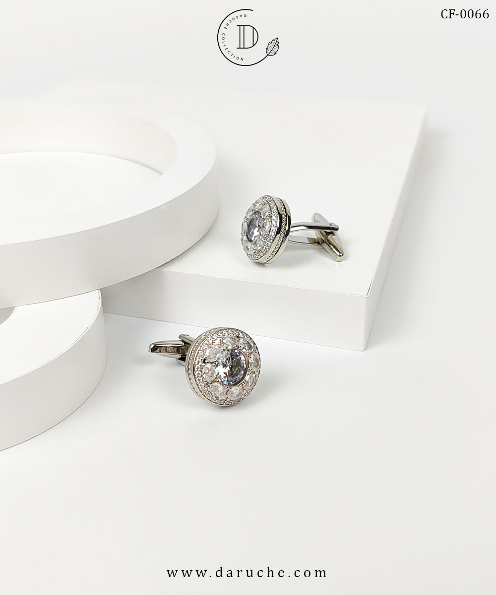 Round Silver Zircon Stone Cufflinks