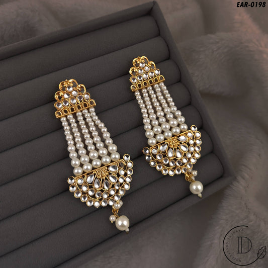 Gold Plated Kundan & Pearl Long Earrings