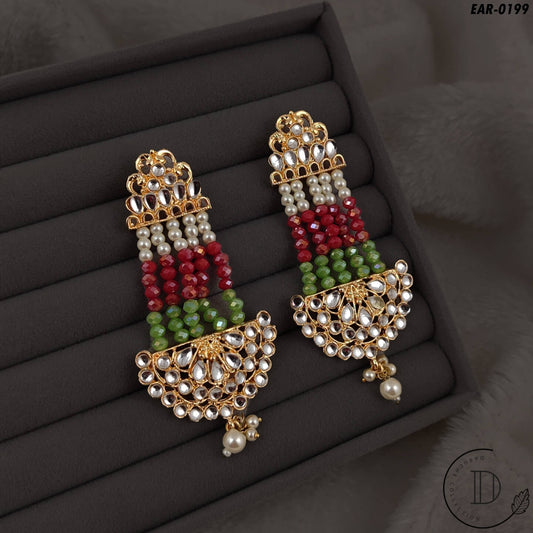 Gold Plated Kundan & Pearl Long Earrings