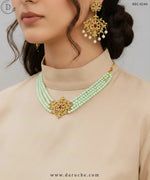Gold Plated Zircon Stones & Mint Green Pearls Necklace Set