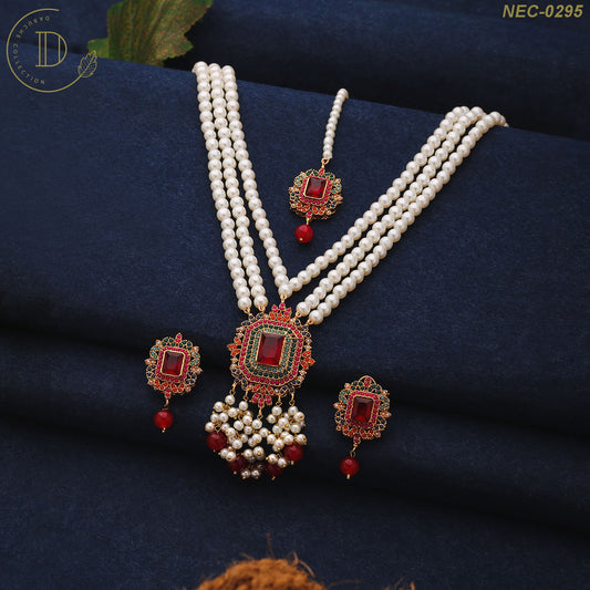 Gold Plated Maroon Naurattan Necklace Set