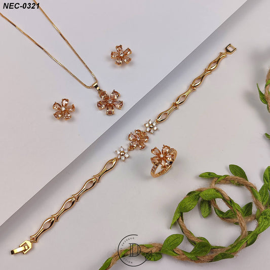 Elegant Gold Plated Zircon Stone Flower Necklace Set