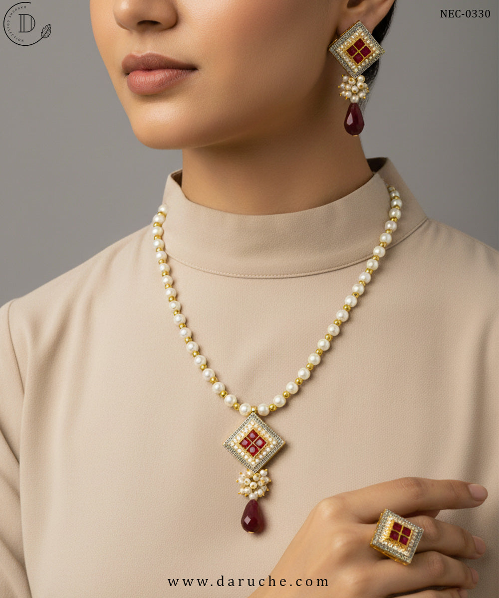 Classic Maroon Pearl & Beads Necklace Set