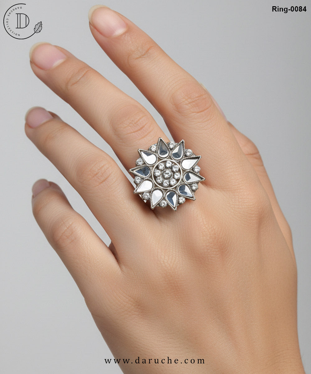 Silver Plated Kundan Adjustable Ring