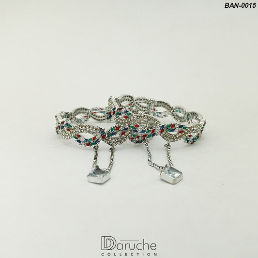 Silver Plated Multi Stones Bangles Pair (BAN-0015)