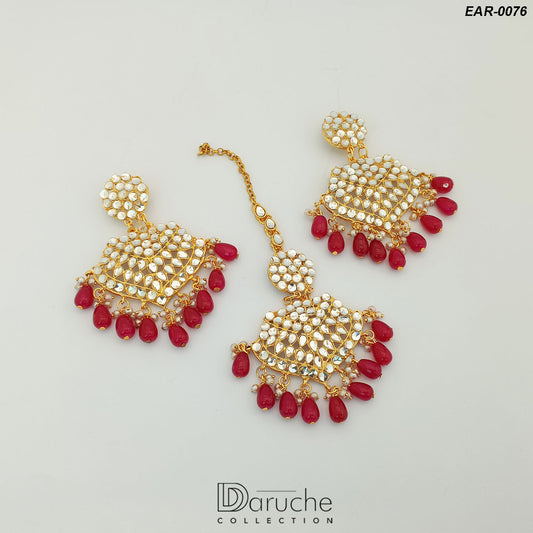 Gold Plated Kundan Earrings & Tikka (EAR-0076)