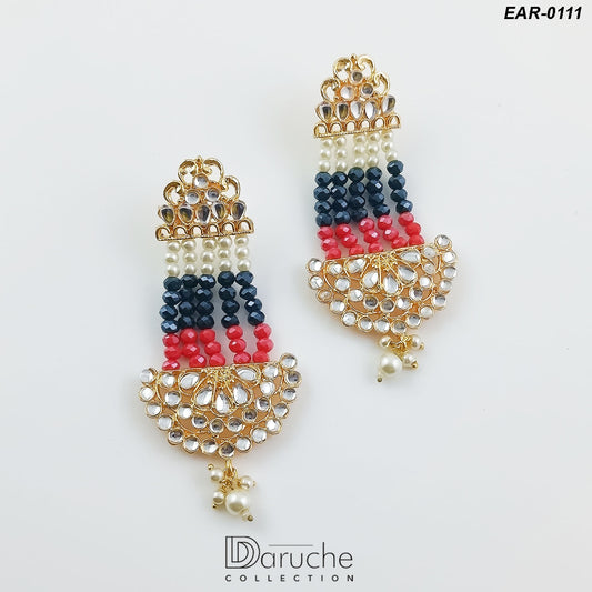 Gold Plated Kundan & Pearl Long Earrings