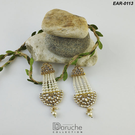 Gold Plated Kundan & Pearl Long Earrings