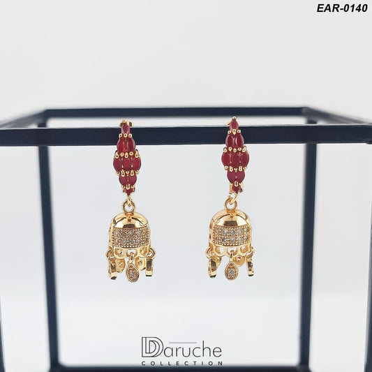 Gold Plated Maroon & White Cubic Zircon Stones Earrings