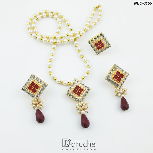 Gold Plated Zircon Stone & Pearl Necklace Set