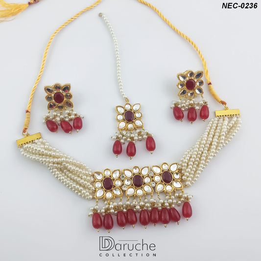 Gold Plated Kundan Stones & Ruby Pearls Necklace Set