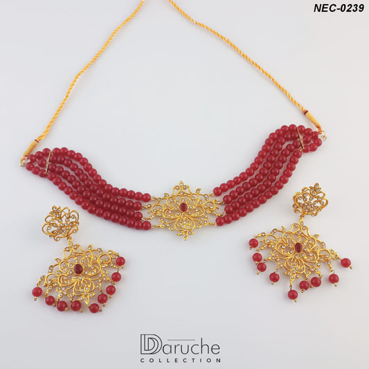 Gold Plated Zircon Stones & Ruby Pearls Necklace Set