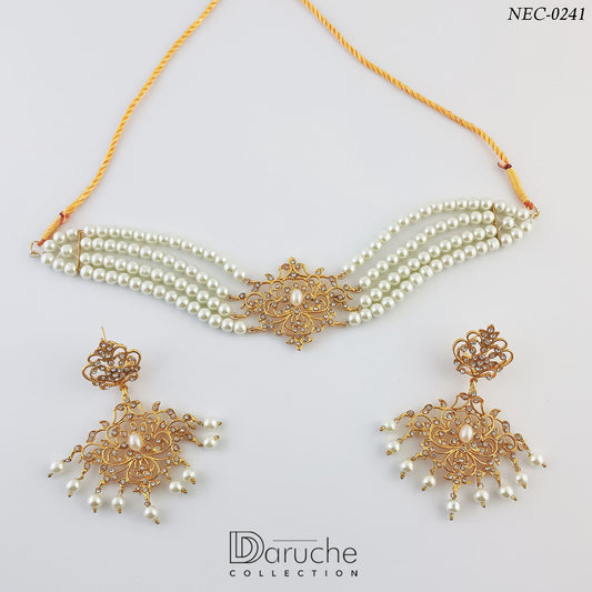 Gold Plated Zircon Stones & White Pearls Necklace Set