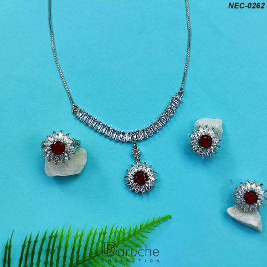 Silver Plated Ruby & White Cubic Zircon Stone Necklace Set