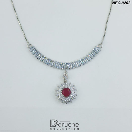 Silver Plated Ruby & White Cubic Zircon Stone Necklace Set