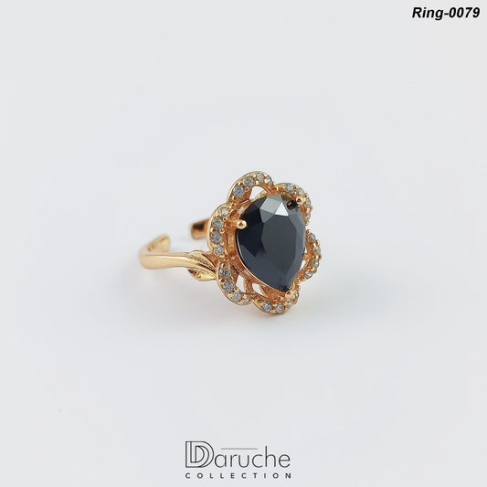 Gold Plated Black American Diamond Adjustable Finger Ring