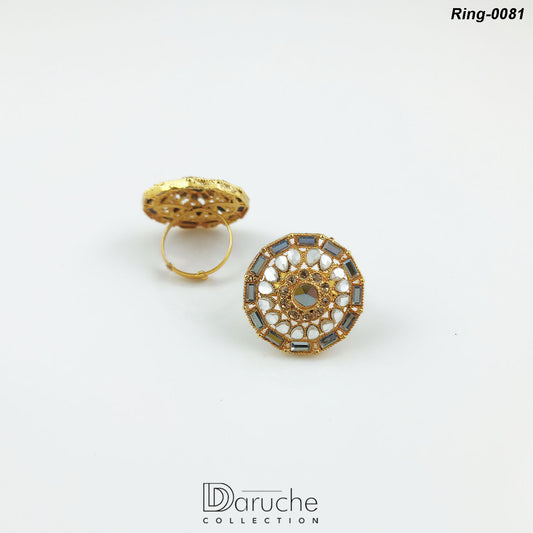 Gold Plated Kundan & Zircon Stones Adjustable Finger Ring